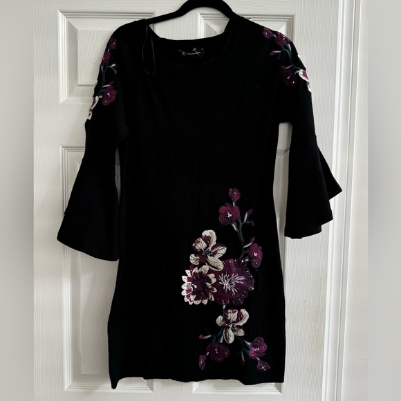 INC International Concepts black bell sleeve beaded floral mini dress NWT - Picture 3 of 11